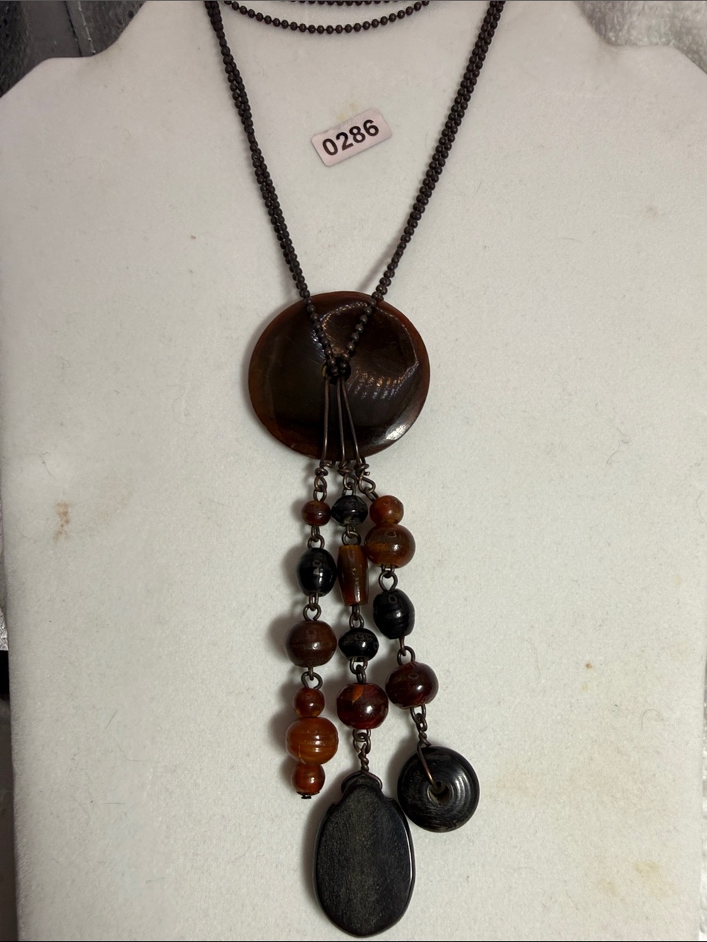 Layered Brown Bead Pendant Necklace with Dark Chain